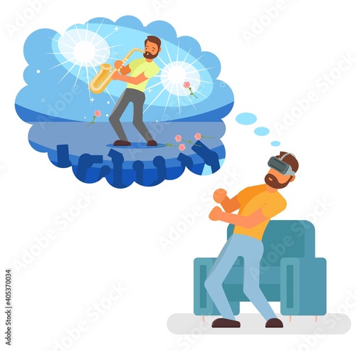 Man playing virtual saxophone in vr glasses, flat vector isolated illustration. Virtual reality technologies.