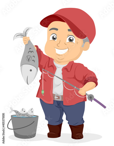 Senior Man Catch Fish Rod Pail Illustration