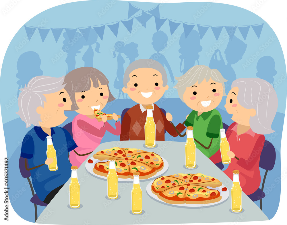 Stickman Senior Eat Pizza Fest Table Illustration Stickman Senior Eat Pizza Fest Table Illustration