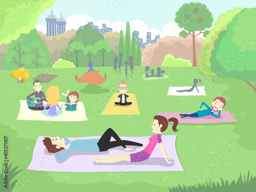 Man Girl Spring Picnic Park Relax Illustration