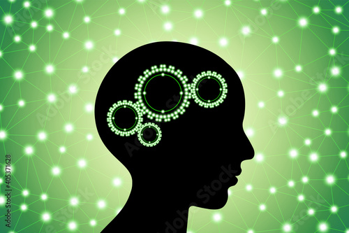 3d digital green glowing particles lines and dots polygonal plexus human brain with gears, go green and zero waste concept, scientific technology stock vector illustration clip art with copy space