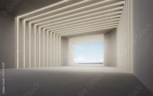 Fototapeta Naklejka Na Ścianę i Meble -  Abstract interior design 3D rendering of modern showroom. Empty floor and concrete wall with wall light and blue sky background.