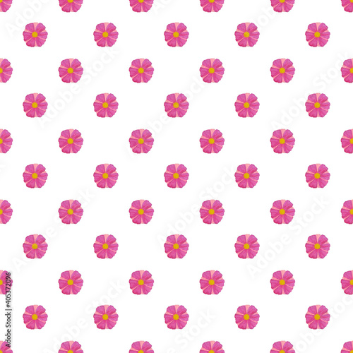 Seamless pattern of pink small flowers on a white background. The illustration is hand drawn with pastels.