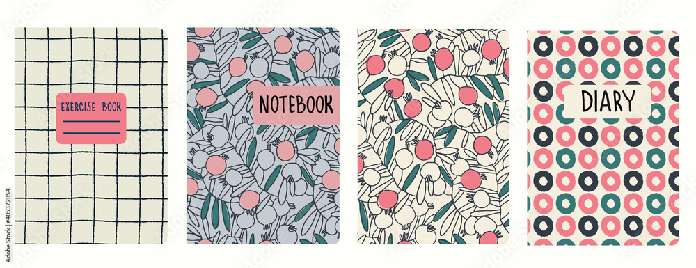 Set of cover page vector templates based on floral patterns with pomegranates, plaid pattern and pattern with hand drawn rings. Perfect for exercise books, notebooks, diaries, presentations - obrazy, fototapety, plakaty 