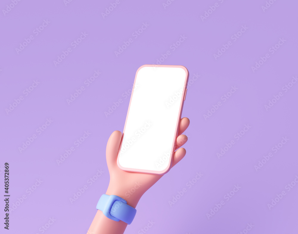 3D Cartoon hand holding smartphone isolated on purple background, Hand  using mobile phone mockup. 3d render illustration Stock Illustration |  Adobe Stock