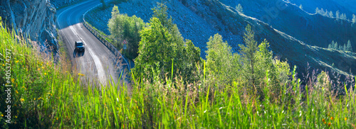 Chuiski tract, road in the mountains of Altai, natural background, foreground blur photo