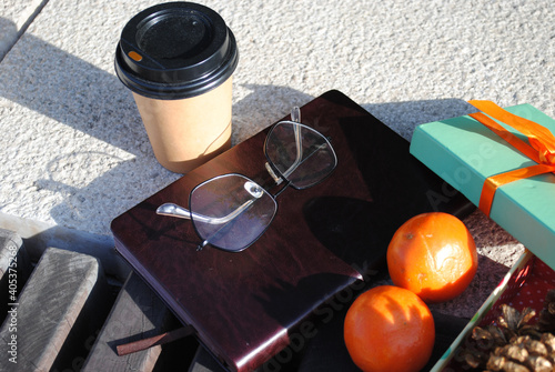 Sunny morning and a quick breakfast outside. Fruit and coffee.
