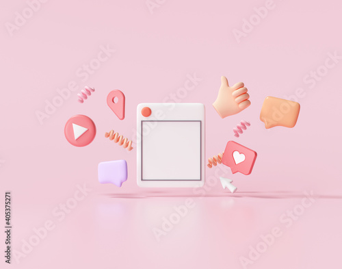 3D render Social Media with photo frame, like button and geometric shapes on pink background illustration.