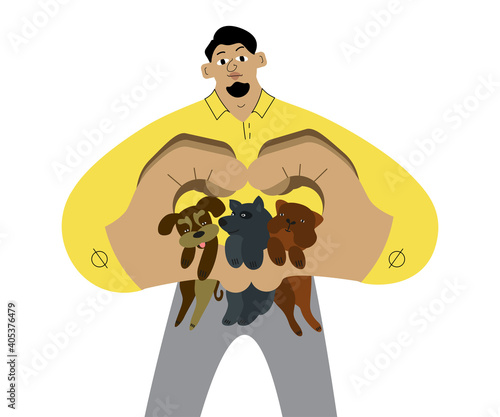 The dogsitter guy holds a husky pug, a mongrel, in his hands in the heart symbol.