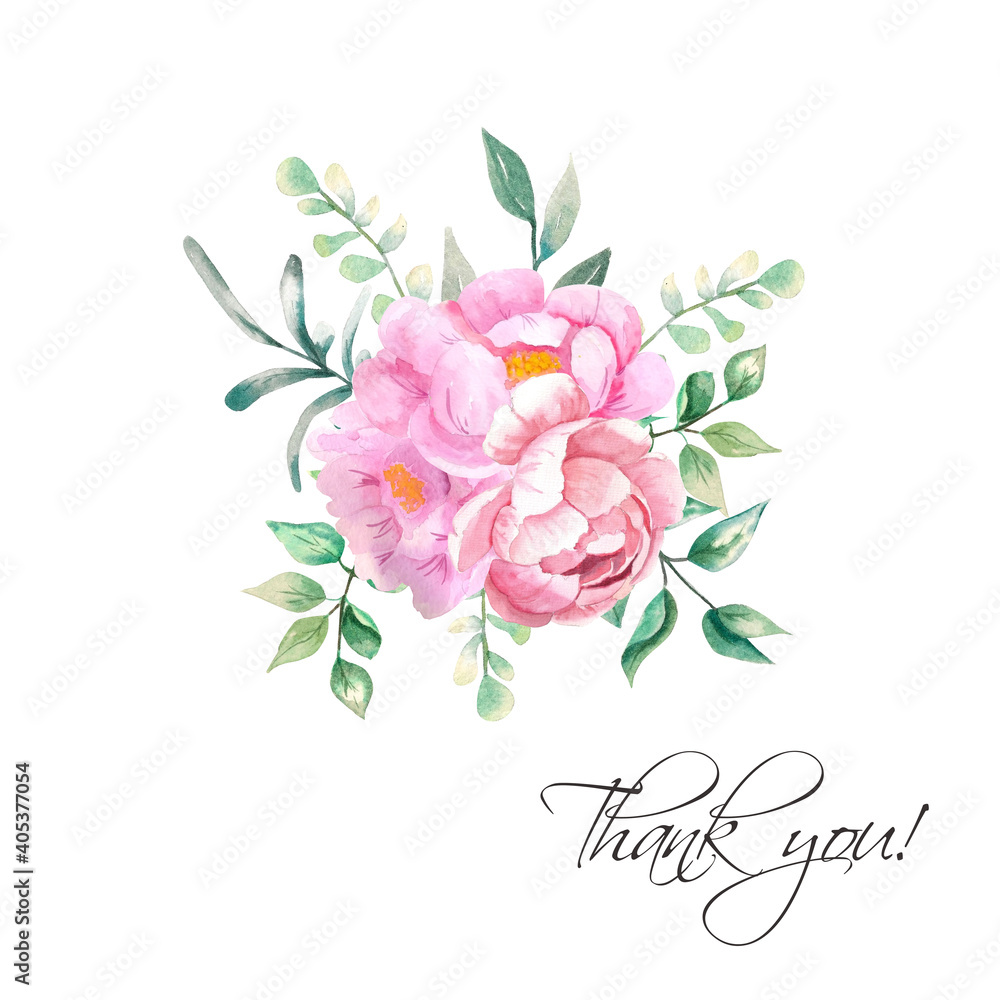atercolor illustration. Bouquet of pink peonies with greenery. Flora element for cards, invitations, design, etc.