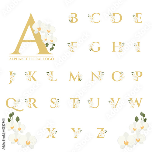 beautiful gold serif Phalaenopsis orchid floral alphabet for logo collection