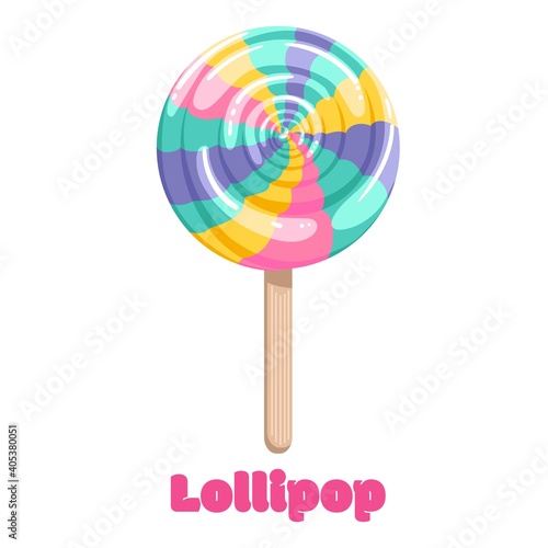 Bright colored lollipop. Sweet dessert for kids. Candy on a stick. Rainbow spiral. Isolated cartoon illustration