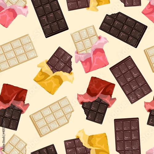 Delicious milk, dark, white chocolate. Sweet dessert. Chocolate bar. Pieces of chocolate. Bitten food. Wrapped in foil packaging. Seamless background with pattern.