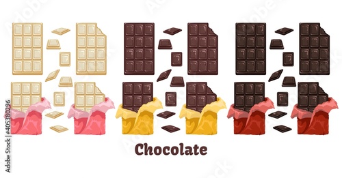 Delicious milk, dark, white chocolate. Sweet dessert. Chocolate bar. Pieces of chocolate. Bitten food. Wrapped in foil packaging. Isolated clipart set on white background.