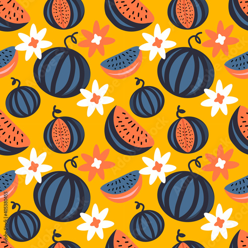 vector seamless pattern with hand drawn repeating watermelons on yellow background. bright flat illustration for printing on fabric, clothing, wrapping paper. background for websites and applications photo