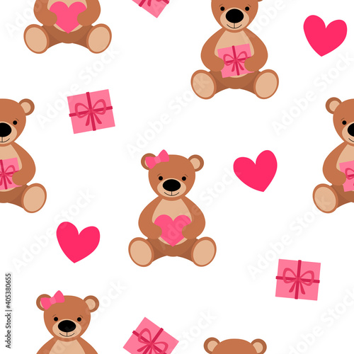 Fototapeta Naklejka Na Ścianę i Meble -  Seamless pattern Valentine's day Bears heart vector illustration