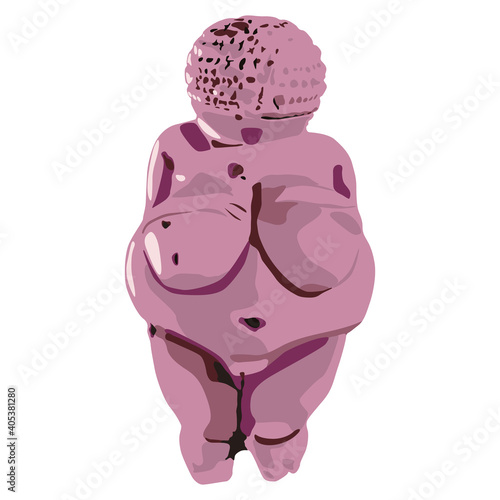 Venus of Willendorf. Female archetype of Great Mother. Prehistoric goddess sculpture of Paleolithic Europe. Flat cartoon style. Monochrome pink silhouette.