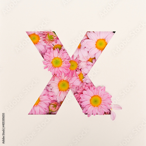 Font design, Abstract alphabet font with pink flower, realistic typography - X © bongkarn