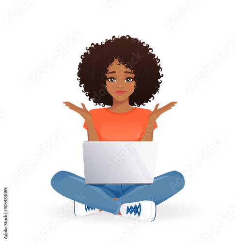 Young african frustrated woman using laptop computer sitting with crossed legs isolated vector illustration