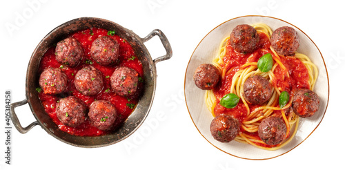 Meatballs set  isolated on a white background. Meatballs with tomato sauce in a pan and with pasta and basil on a plate  top shot