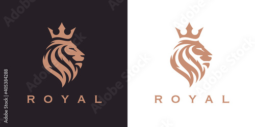 Royal Lion crown logo template. Elegant gold Leo crest symbol. Premium king brand identity icon. Luxury company sign. Vector illustration.
