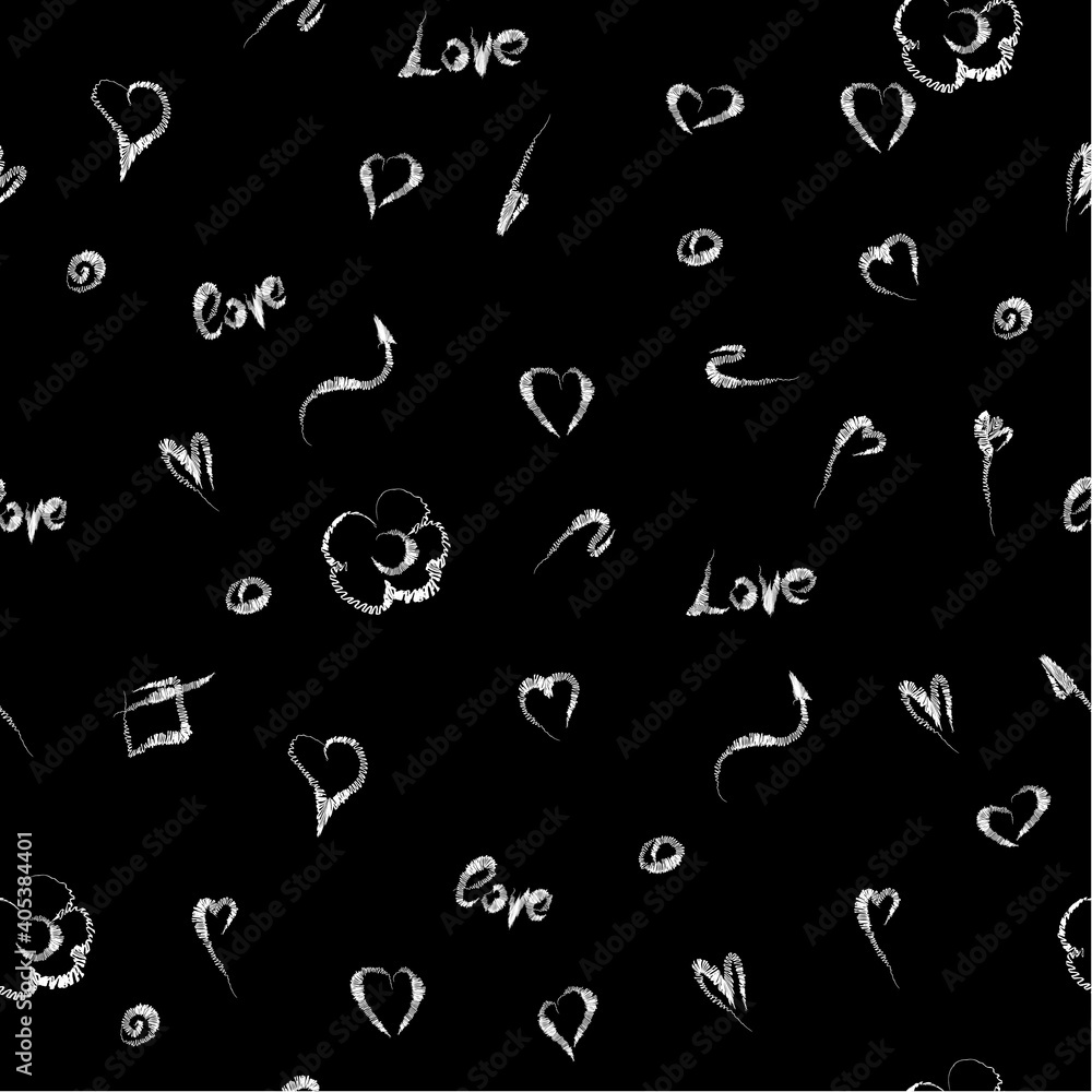 Seamless pattern with doodles hearts, arrows, flowers. Hand-drawn black and white background for Valentine's Day. Seamless pattern with doodles hearts, arrows, flowers. Hand-drawn black and white background for Valentine's Day.