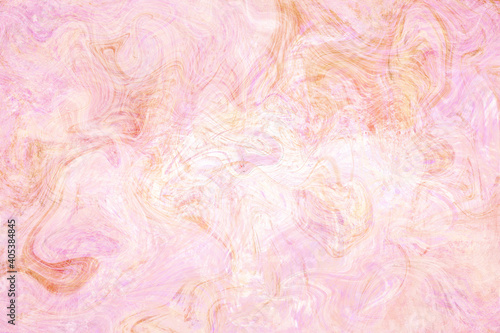 Transparent orange digital texture. Rose gold color flow. Pink marbling abstraction. Digital suminagashi card template. Pastel color liquid paint surface decoration for textile or stationery