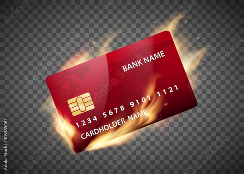 Plastic credit card is on fire. Vector illustration.