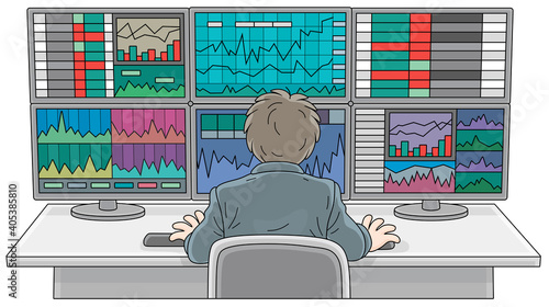 Trader watching computer monitors with graphs and rates at his workplace at a stock or currency exchange, vector cartoon illustration on a white background
