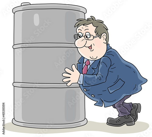 Happy fat businessman enjoying higher prices of oil and embracing a barrel of gasoline, vector cartoon illustration on a white background