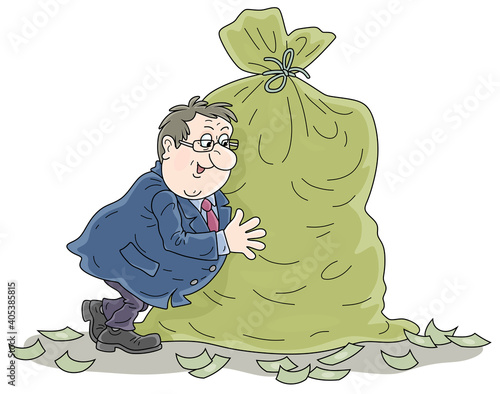 Fat businessman enjoying his profit and hugging a big bag full of money, vector cartoon illustration on a white background