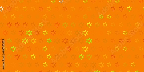 Dark green, yellow vector background with covid-19 symbols.