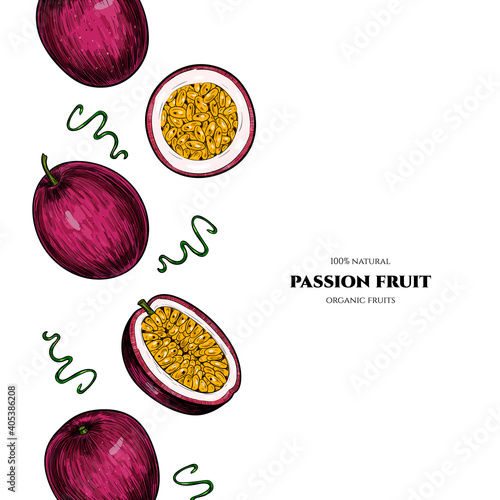 Vector frame with passion fruit. Hand drawn. Vintage style