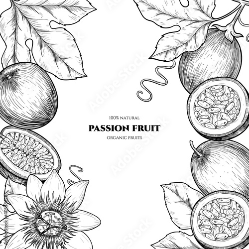 Vector frame with passion fruit. Hand drawn. Vintage style