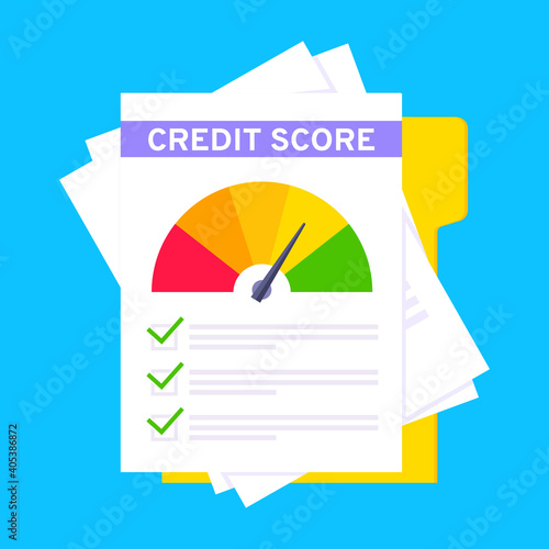 Credit score gauge speedometer indicator with color levels on paper sheets and file. Measurement from poor to excellent rating for credit or mortgage loans flat style design vector illustration.
