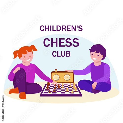 A boy and a girl are playing chess. Children's chess club concept. Vector illustration in flat cartoon style.