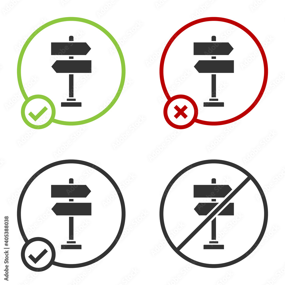 Black Road traffic sign. Signpost icon isolated on white background. Pointer symbol. Isolated street information sign. Direction sign. Circle button. Vector Illustration. Black Road traffic sign. Signpost icon isolated on white background. Pointer symbol. Isolated street information sign. Direction sign. Circle button. Vector Illustration.