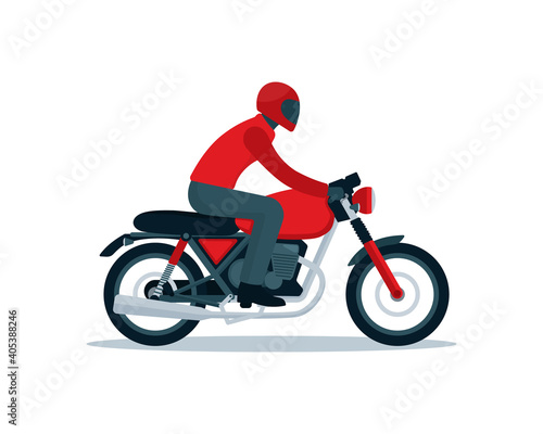 Red Classic motorcycle and rider in simple graphic isolated on white background
