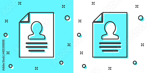 Black line Resume icon isolated on green and white background. CV application. Searching professional staff. Analyzing personnel resume. Random dynamic shapes. Vector.