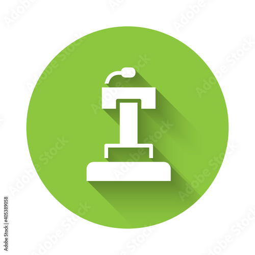 White Stage stand or debate podium rostrum icon isolated with long shadow. Conference speech tribune. Green circle button. Vector.