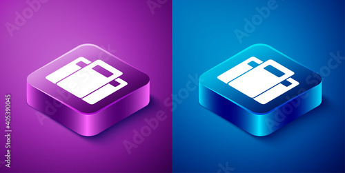 Isometric Police assault shield icon isolated on blue and purple background. Square button. Vector.