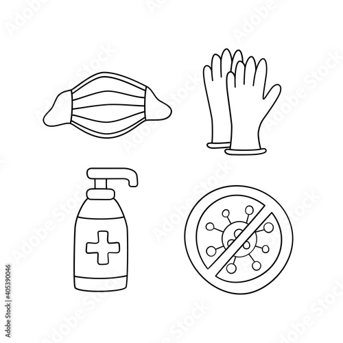 Medical face mask, latex gloves and sanitizer bottle against coronavirus. Covid protective kit isolated on white. Hand drawn vector illustration