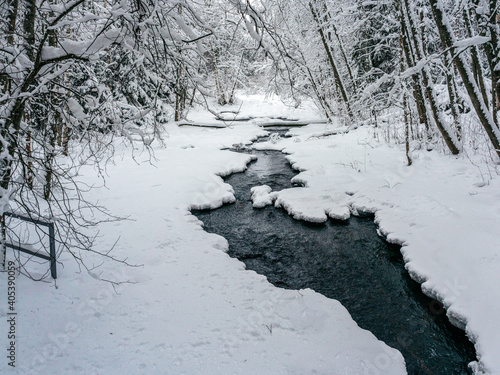 Stream in the winter snowy forest. Karelia, Russia