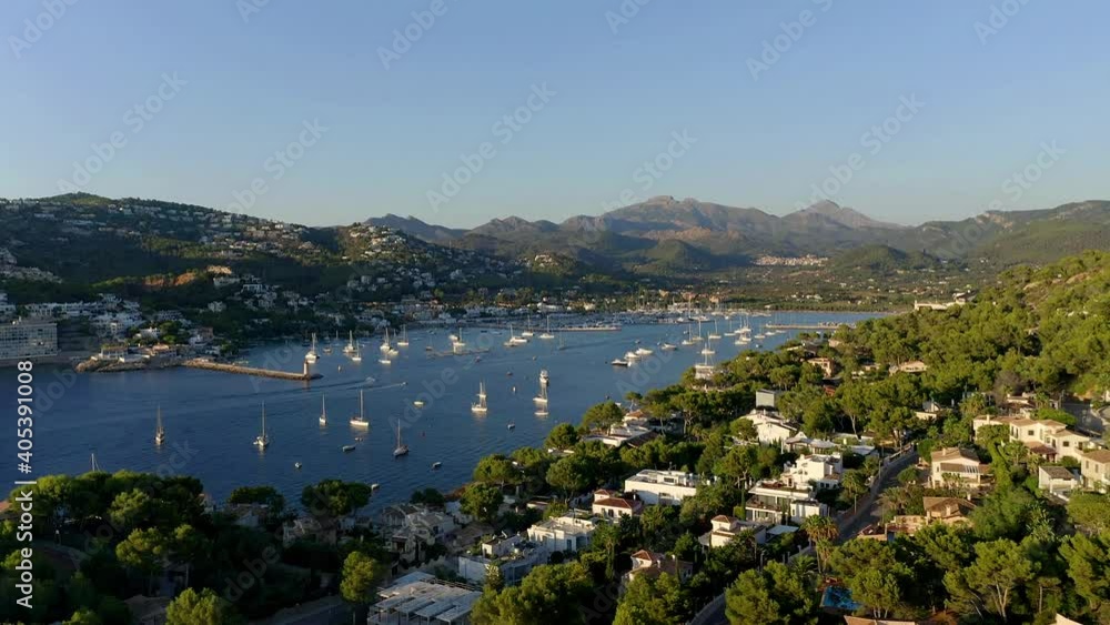 View over bay of Port Andratx with boats, Mallorca, Spain