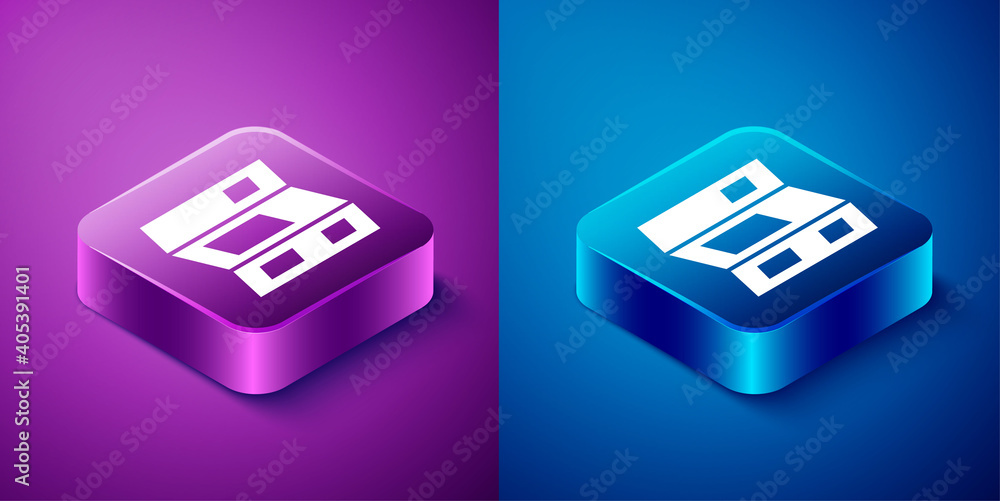Isometric Museum guide brochure icon isolated on blue and purple background. Exhibition guidebook. Flyer, booklet, leaflet print. Square button. Vector. Isometric Museum guide brochure icon isolated on blue and purple background. Exhibition guidebook. Flyer, booklet, leaflet print. Square button. Vector.
