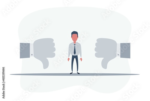 Business people showing thumbs down. Thinking sad businessman. Dislike sign, thumb down. Vector flat design illustration.