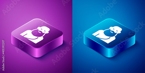 Isometric Socrates icon isolated on blue and purple background. Sokrat ancient greek Athenes ancient philosophy. Square button. Vector.