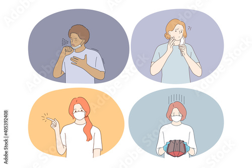Suffering from COVID-19 pandemic and individual protective face mask concept. Young people in face masks coughing, feeling allergy on skin, pointing aside and showing empty pocket during epidemic 