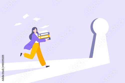 Business key opportunity concept with keyhole and ambitious woman running to career potential and work financial success flat style vector illustration. New way business beginnings and unlock future.