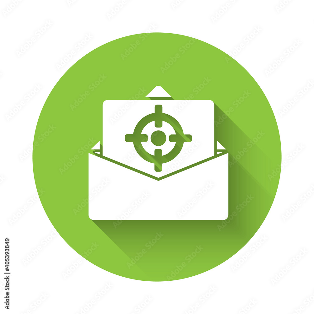 White Mail and e-mail icon isolated with long shadow. Envelope symbol e-mail. Email message sign. Green circle button. Vector. White Mail and e-mail icon isolated with long shadow. Envelope symbol e-mail. Email message sign. Green circle button. Vector.